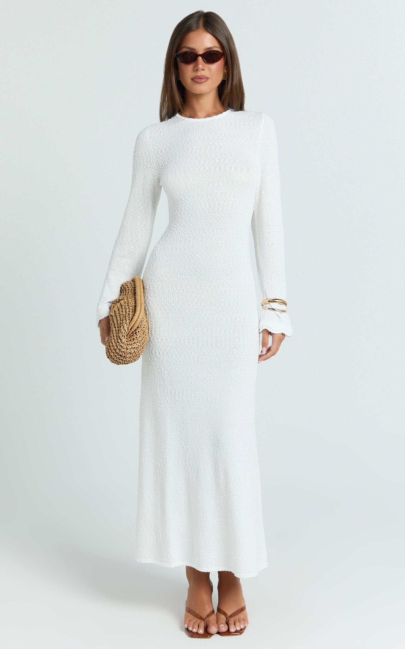 tabitha midi dress - long sleeve scallop edge knitted midi dress in white