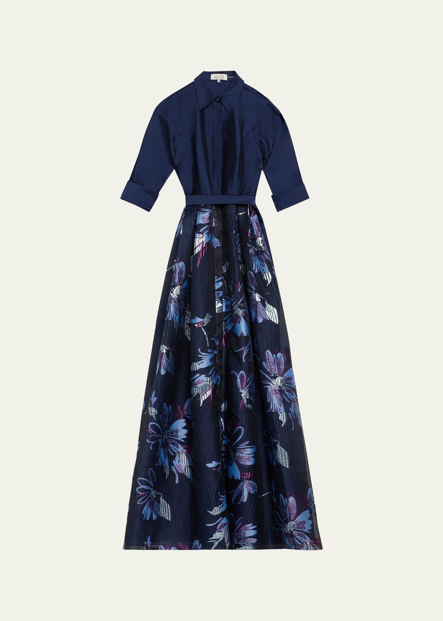 taffeta & floral jacquard organza shirt gown