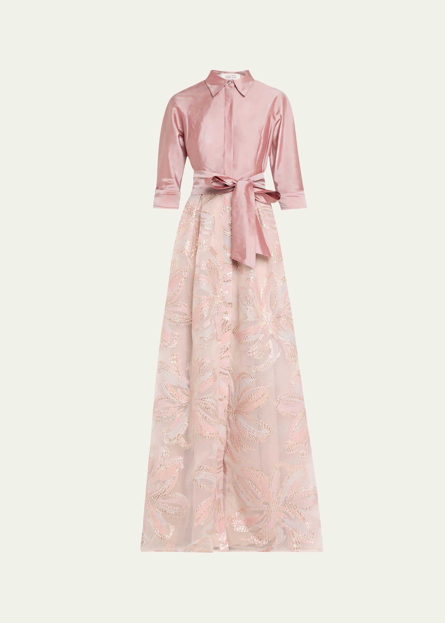 taffeta & floral jacquard shirt gown