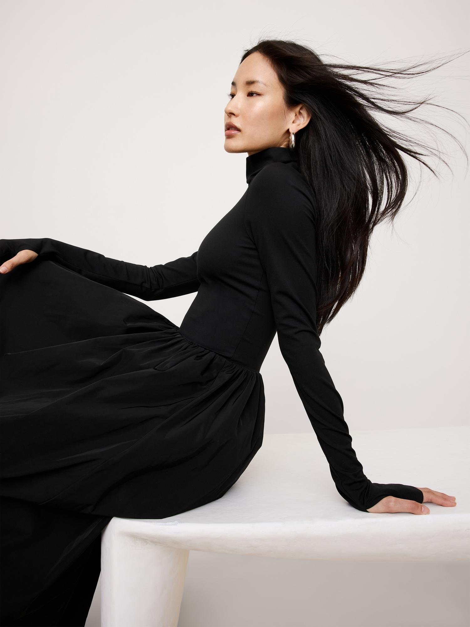 taffeta combo turtleneck maxi dress