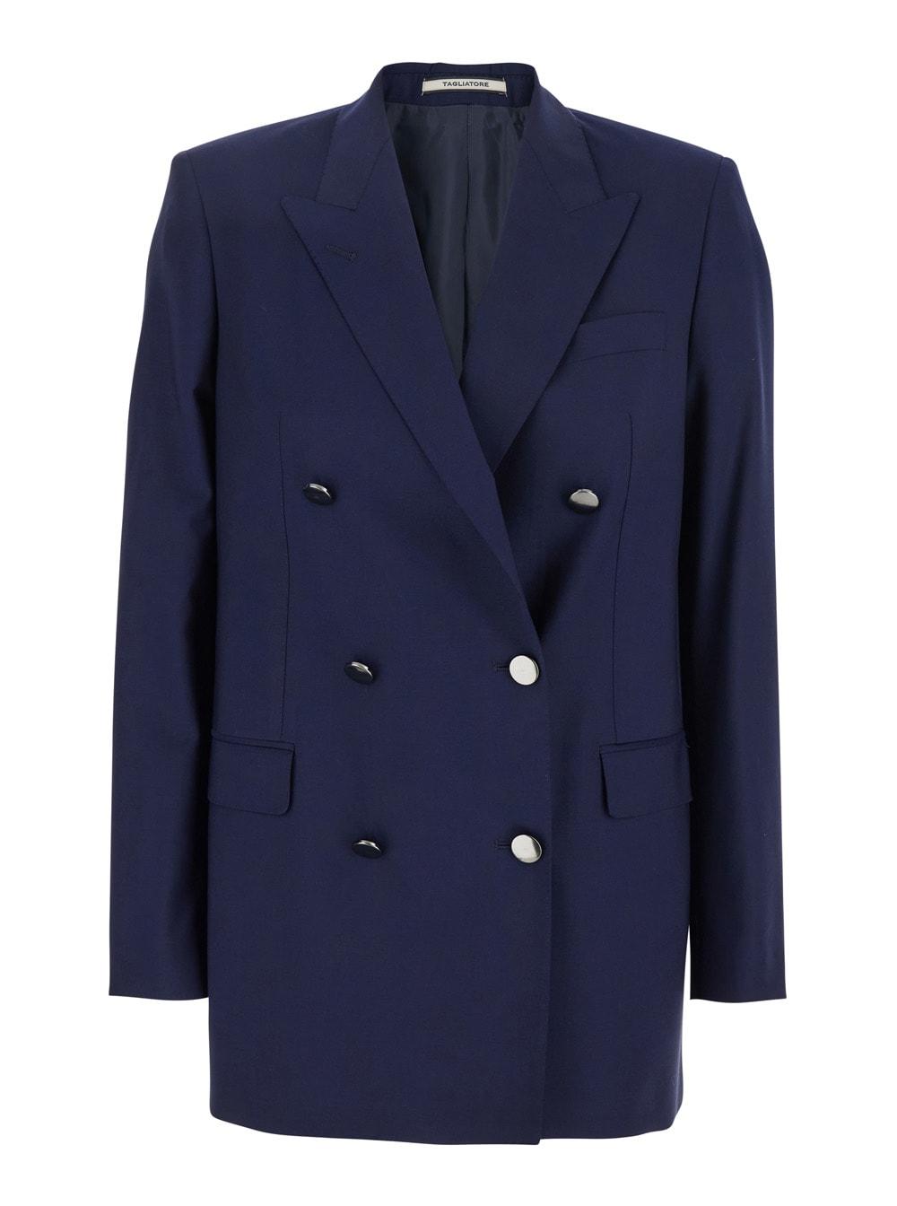 tagliatore blue double-breasted jacket with classic lapels in virgin wool woman