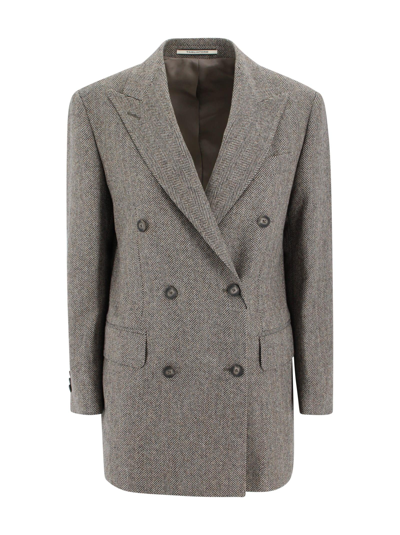 tagliatore double-breasted jacket in gray herringbone wool.