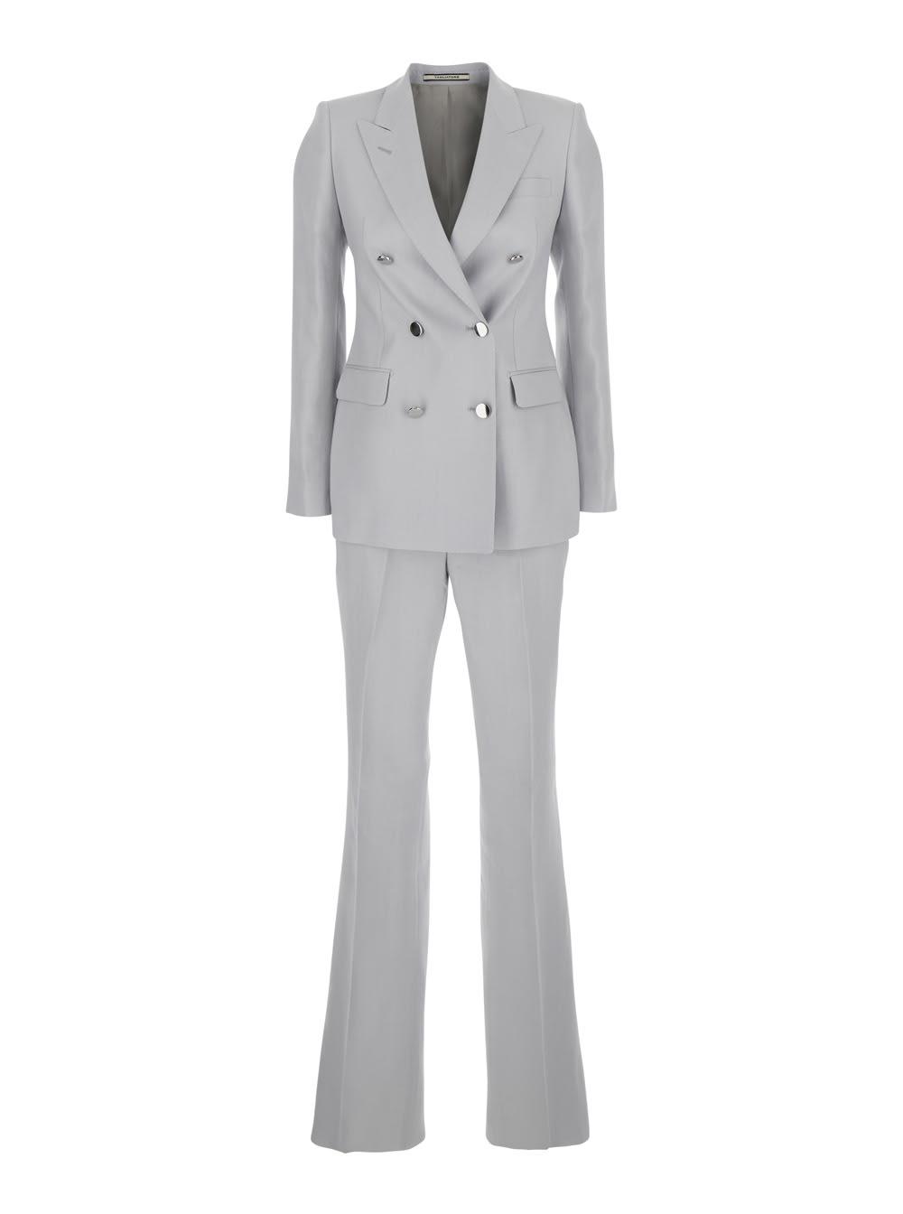 tagliatore grey double-breasted suit with golden buttons in linen woman