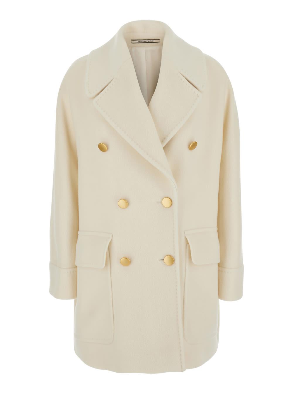 tagliatore white double-breasted short coat with wide notched revers in wool woman