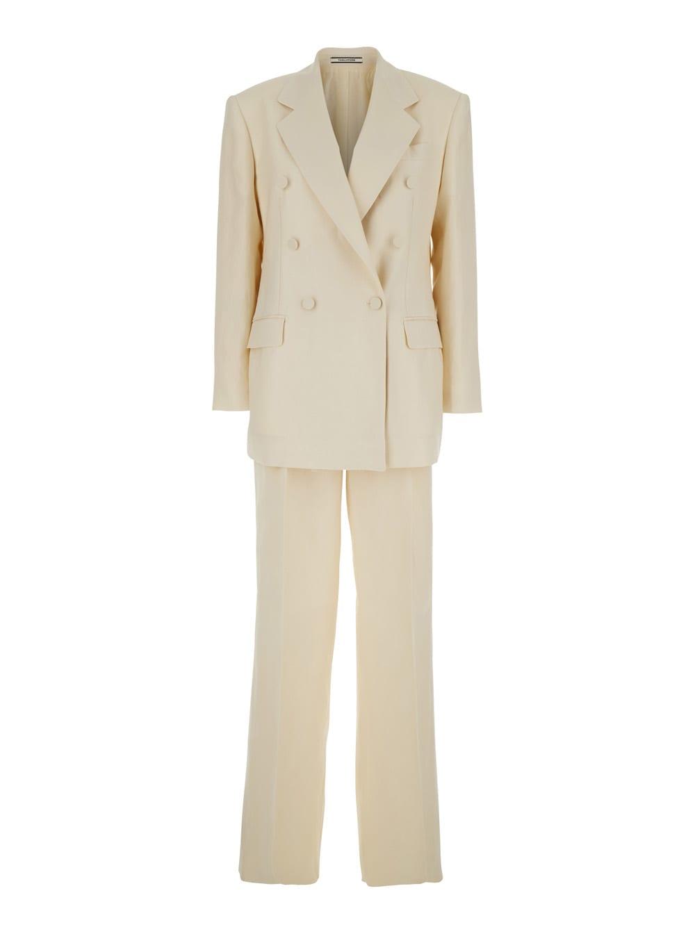 tagliatore white double-breasted suit with notched revers in linen for women