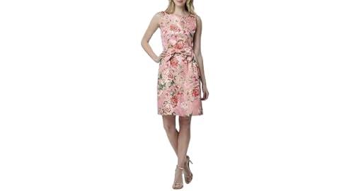 tahari asl metallic bow fit flare dress pink jacquard 12
