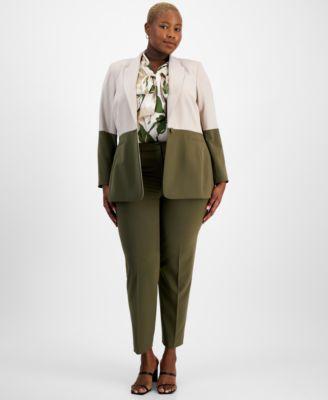tahari asl plus size colorblocked boyfriend blazer tie neck top pants
