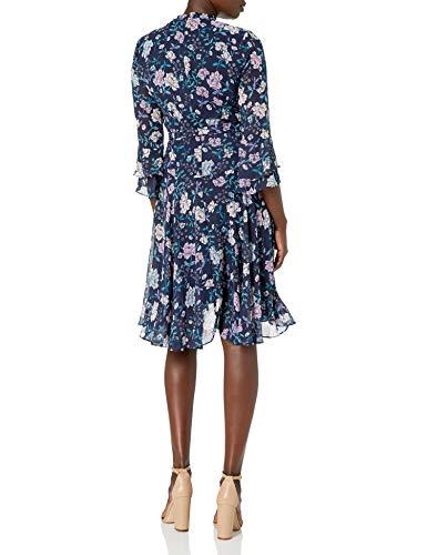 tahari asl women's long sleeve floral smocked wrap dress, navy pink lilac, 6