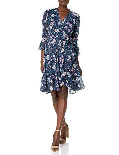 tahari asl women's long sleeve floral smocked wrap dress, navy pink lilac, 6