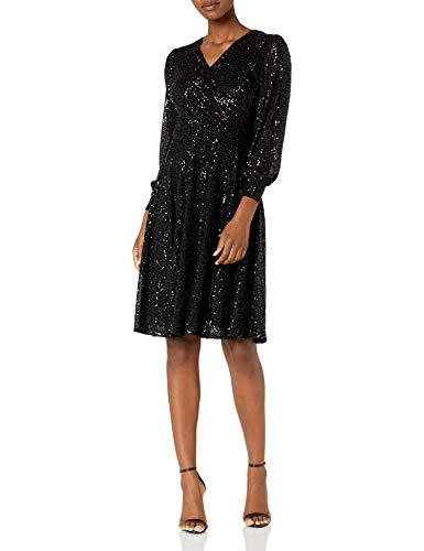 tahari asl women's long sleeve stretch sequin surplus wrap dress, black, 8