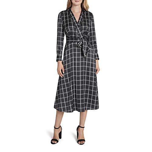 tahari asl women's long sleeve surplus tie waist shirt dress, black windowpane, 2