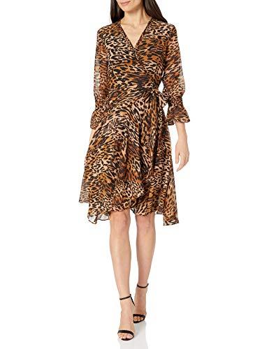 tahari asl women's petite long sleeve surplice print dress with tie waist, classic leopard, 4p