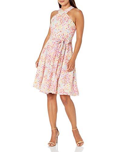 tahari asl women's petite sleeveless criss cross halter neck dress, white texture dot, 8p