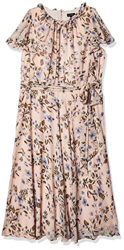 tahari asl women's plus size flutter sleeve tie waist maxi dress, blushing botanical, 22w