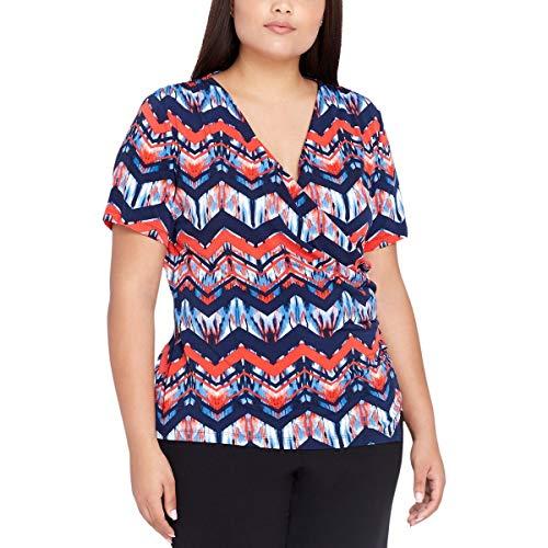 tahari asl women's plus size printed surplice top (1x, navy/poppy)