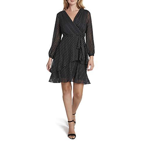 tahari asl women's puff sleeve surplus dress, black white dot stripe, 8