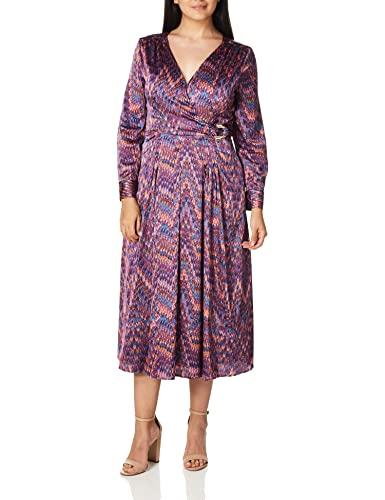 tahari asl women's puff sleeve v-neck print surplus dress, plum teal abstract, 10