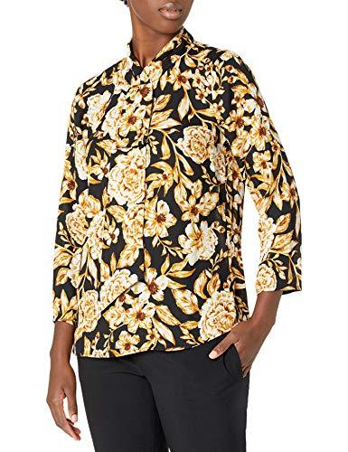tahari asl women's sash front 3/4 sleeve printed woven top, black gold floral, s