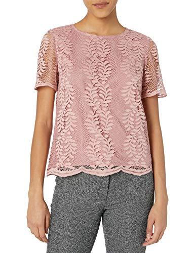 tahari asl women's short sleeve blouse, pink floral lace, 6