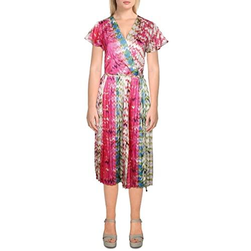 tahari asl women's short sleeve surplus dress with sunburst pleat skirt, pink lapis waves, 6