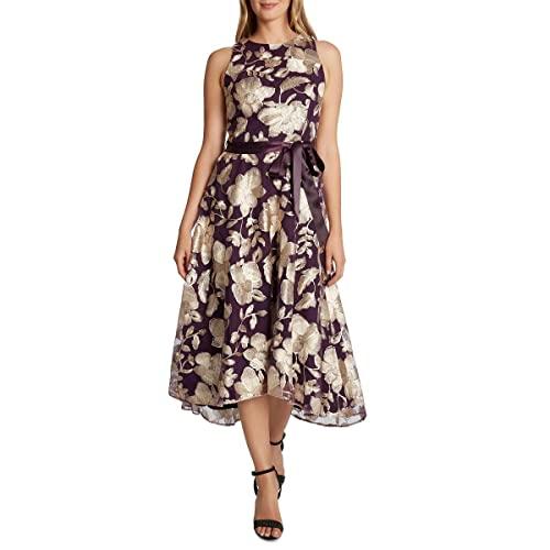 tahari asl women's sleeveless lace high low dress, plum gold embroidered, 2