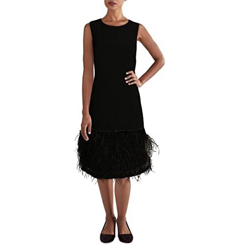 tahari asl women's sleeveless round neck feather trim shift dress, black, 4