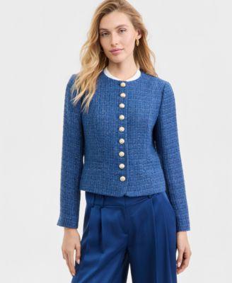 tahari asl womens button front boucle jacket