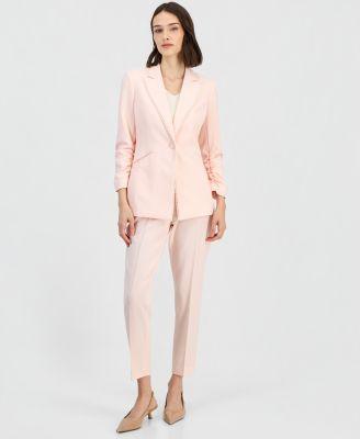 tahari asl womens faux pearl trim ruched sleeve blazer straight leg ankle pants