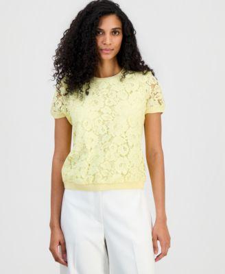 tahari asl womens lace front short sleeve sweater
