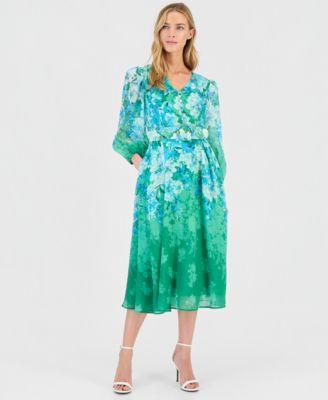tahari asl womens printed long sleeve belted dress