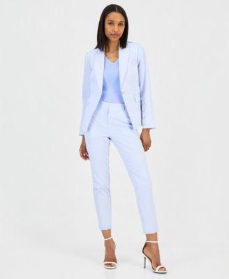 tahari asl womens seersucker stripe cotton one button blazer v neck sleeveless ribbed knit top seersucker stripe cotton slim leg pants