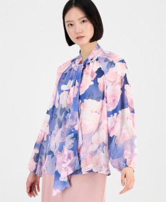 tahari asl womens tie neck blouson sleeve blouse