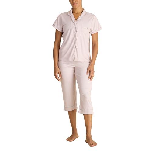 tahari women's notch collar top and pants pajama set, pink grey mini stripe