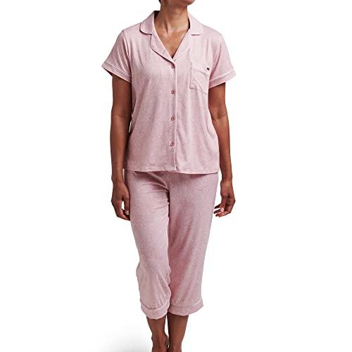 tahari women's short sleeve notch collar button-up top and elastic waistband capri pants pajama set, silver pink, x-large