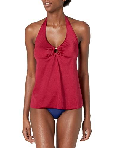 tahari women's standard ring front halter flyaway flare tankini top swimsuit, cabernet, small