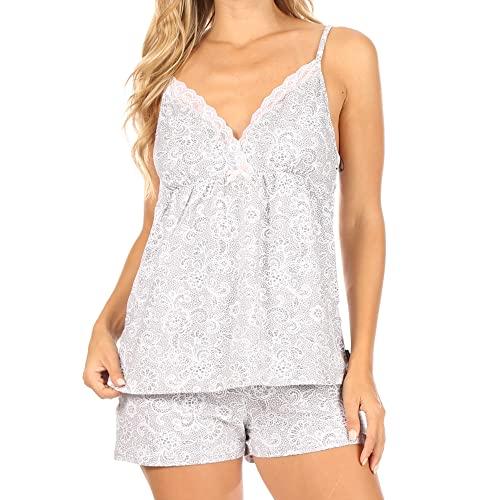 tahari womens lace cami and shorts pajama set, strappy v-neck lace trim elastic waist short set for women, silver heirloom impression, large