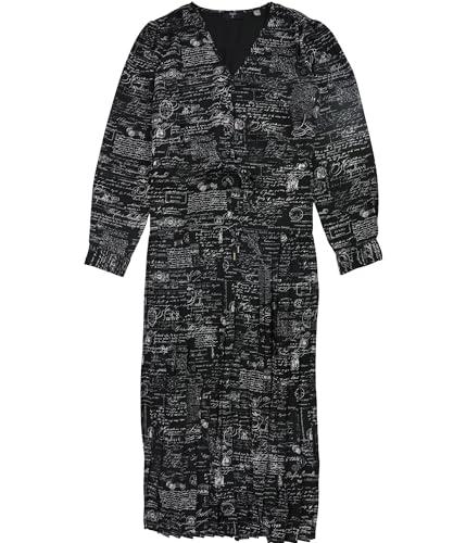 tahari womens printed v neck pleated dress, black, l, black, large