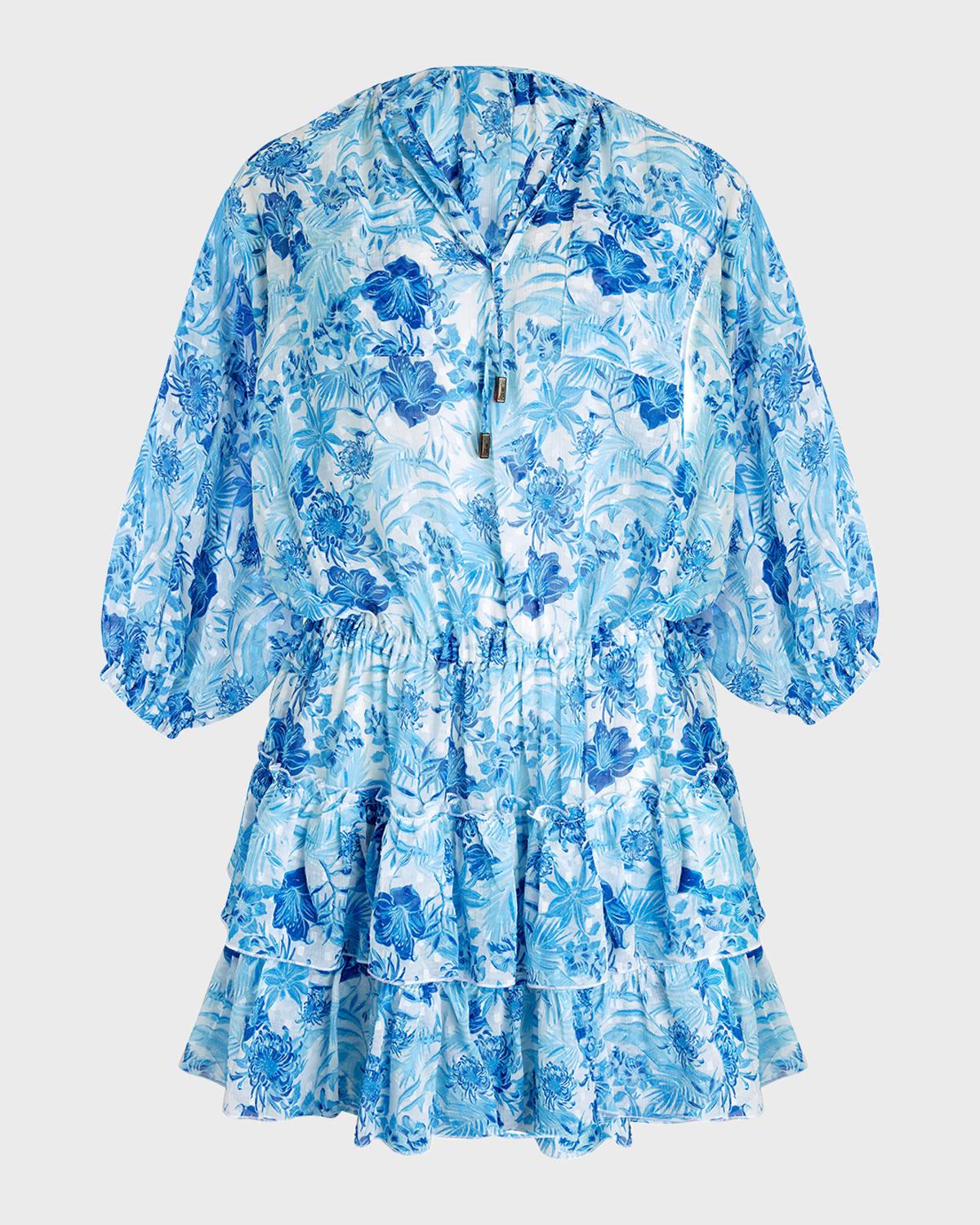 tahiti flowers plumetis tiered mini dress