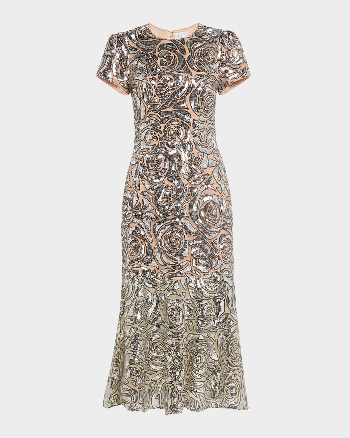 tahlia sequin rose flounce midi dress