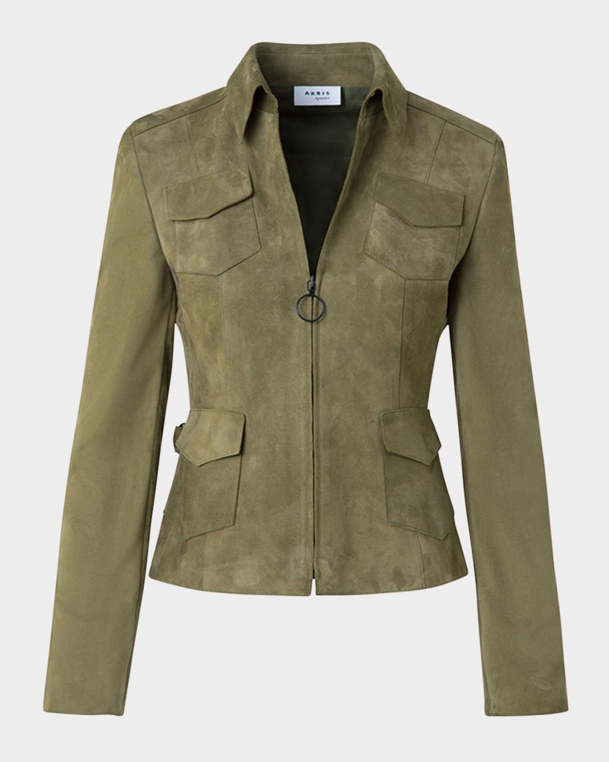 tailored zip-front suede jacket