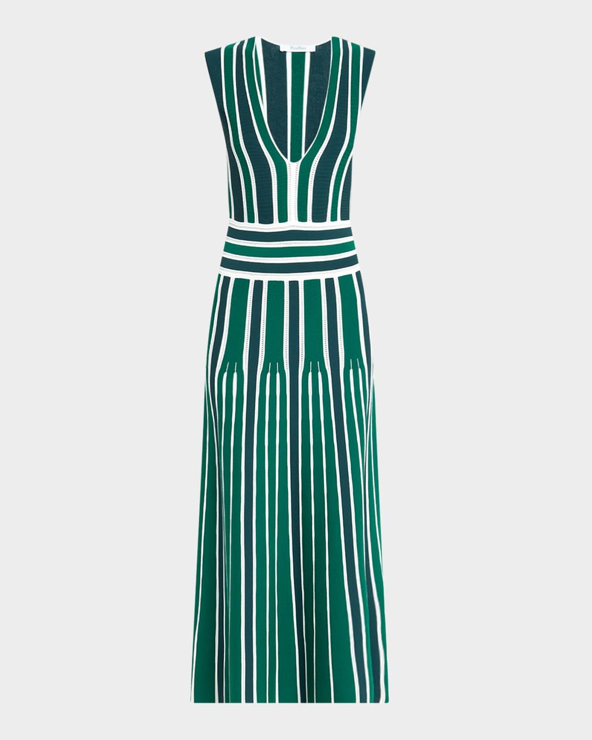 tallone plunging stripe pleated knit midi dress