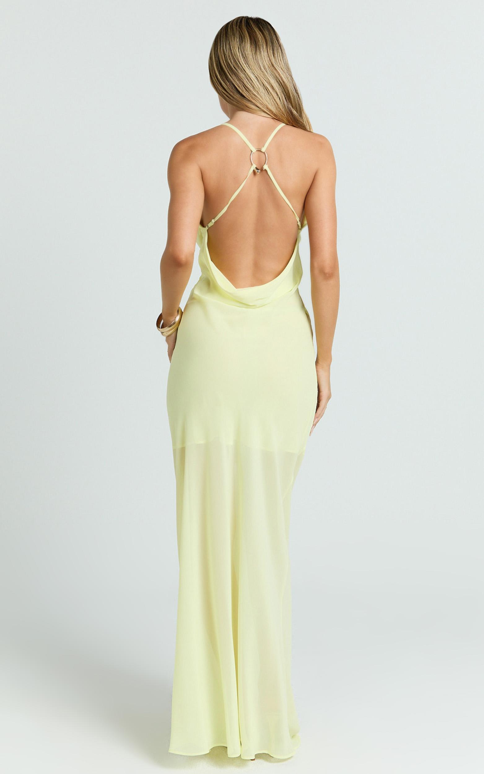 tamara maxi dress - plunge neck ruched open back dress in lemon