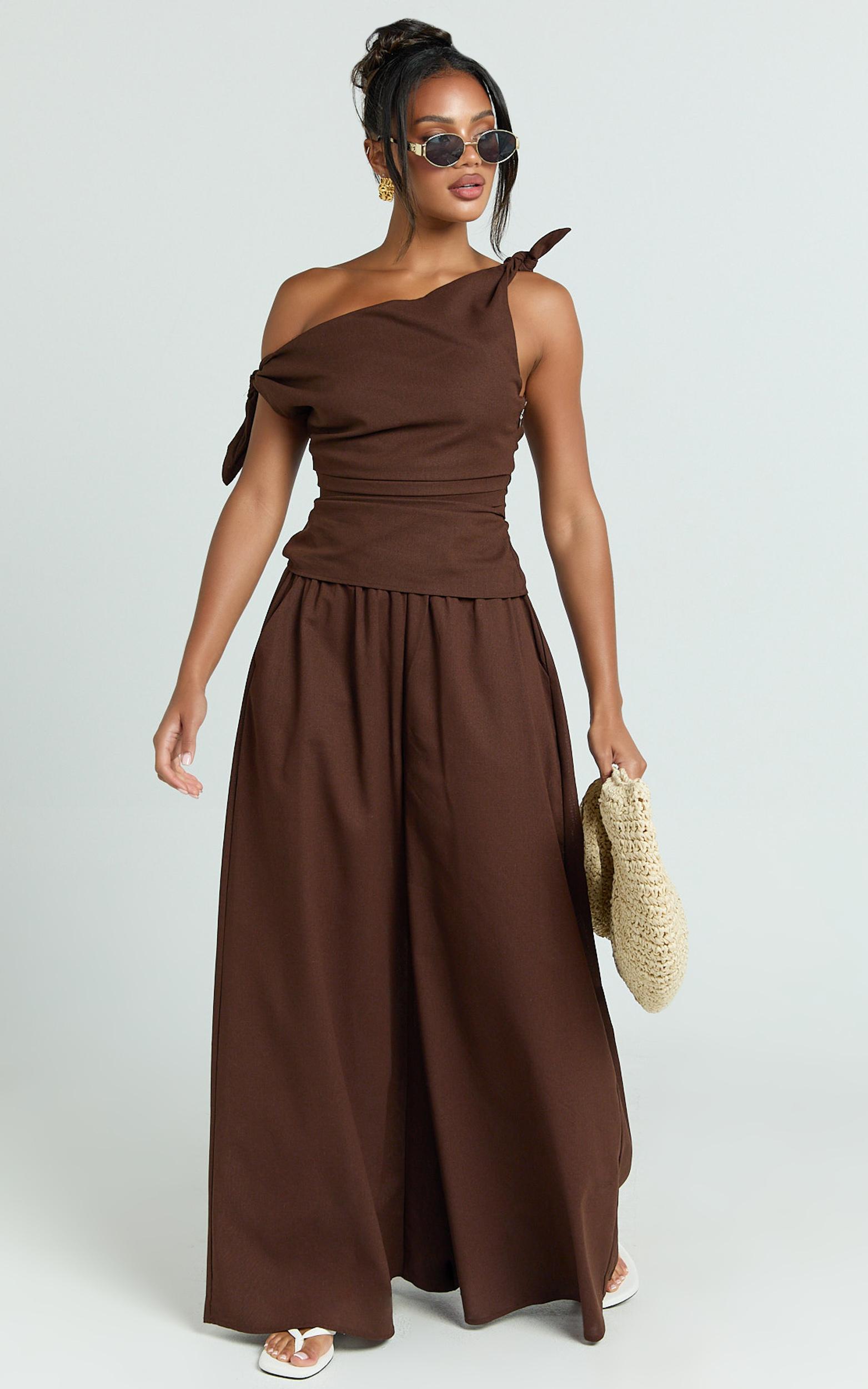 tamara pants - high elasticated waist wide leg pants in chocolate