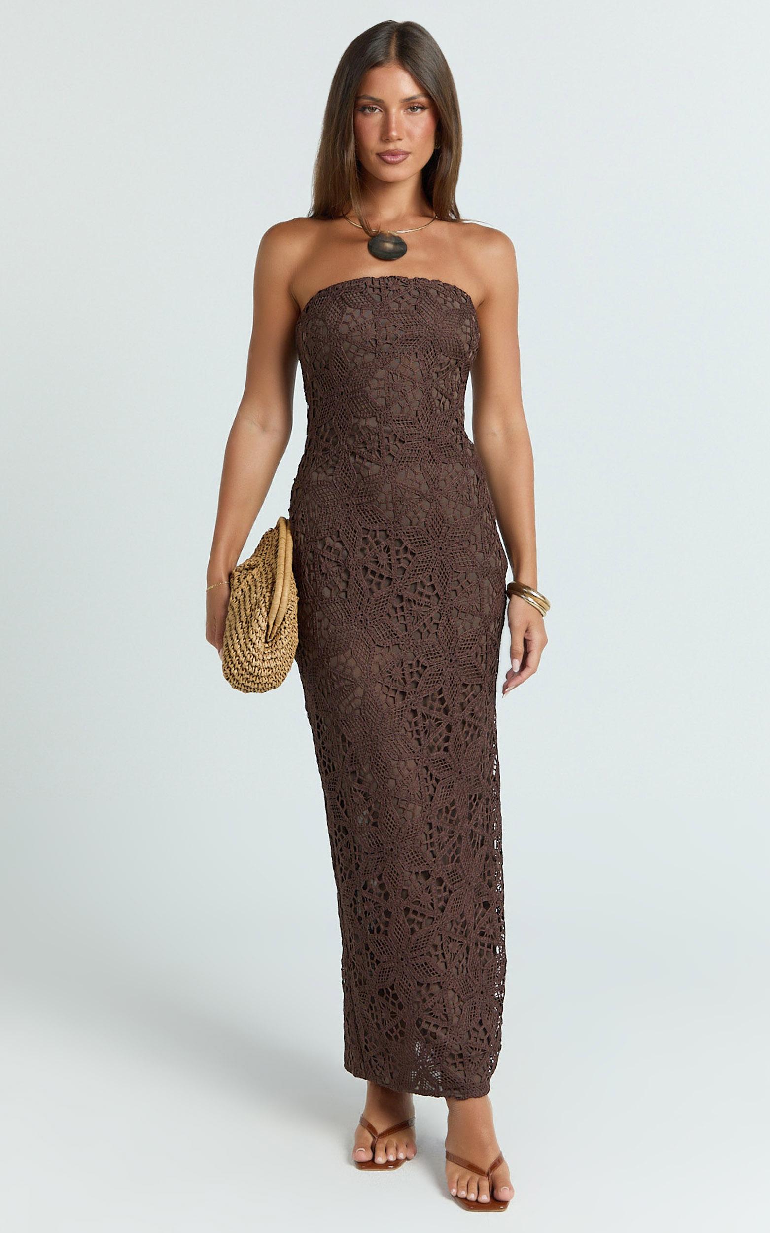 tamika maxi dress - crochet strapless column dress in chocolate