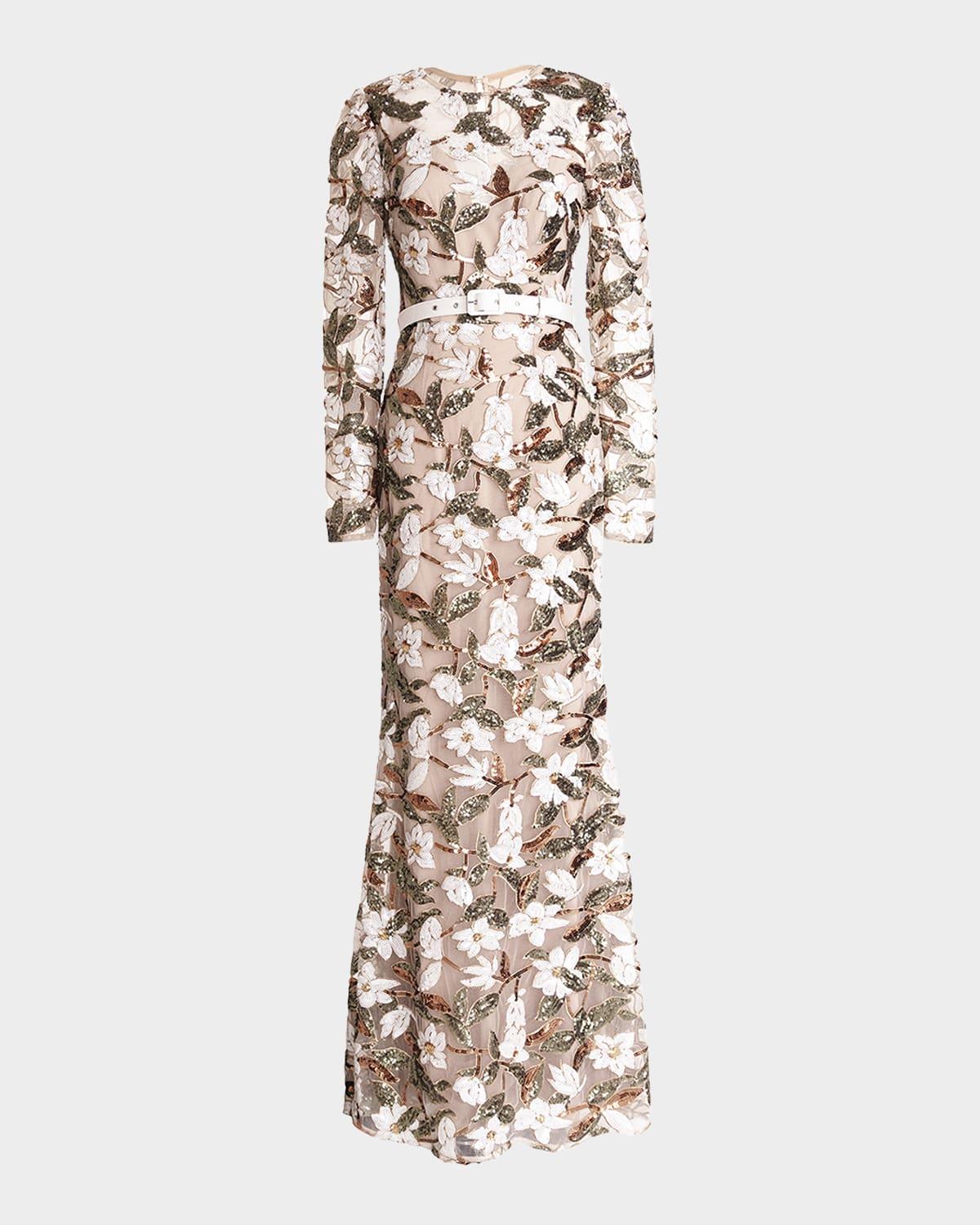 tamra belted floral sequin gown