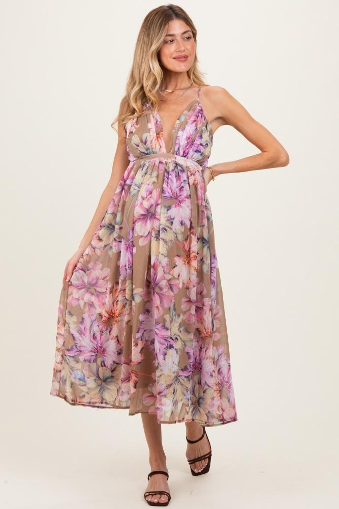 tan floral open back maternity midi dress