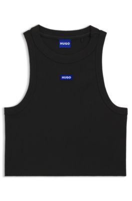 tank top in stretch cotton with logo badge- black women's casual tops