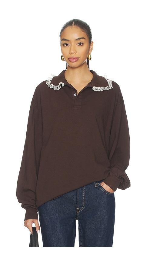 tanner fletcher cletus lace trim polo top in brown.