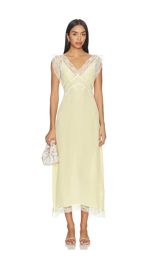 tanner fletcher irene lace trim midi dress in yellow.
