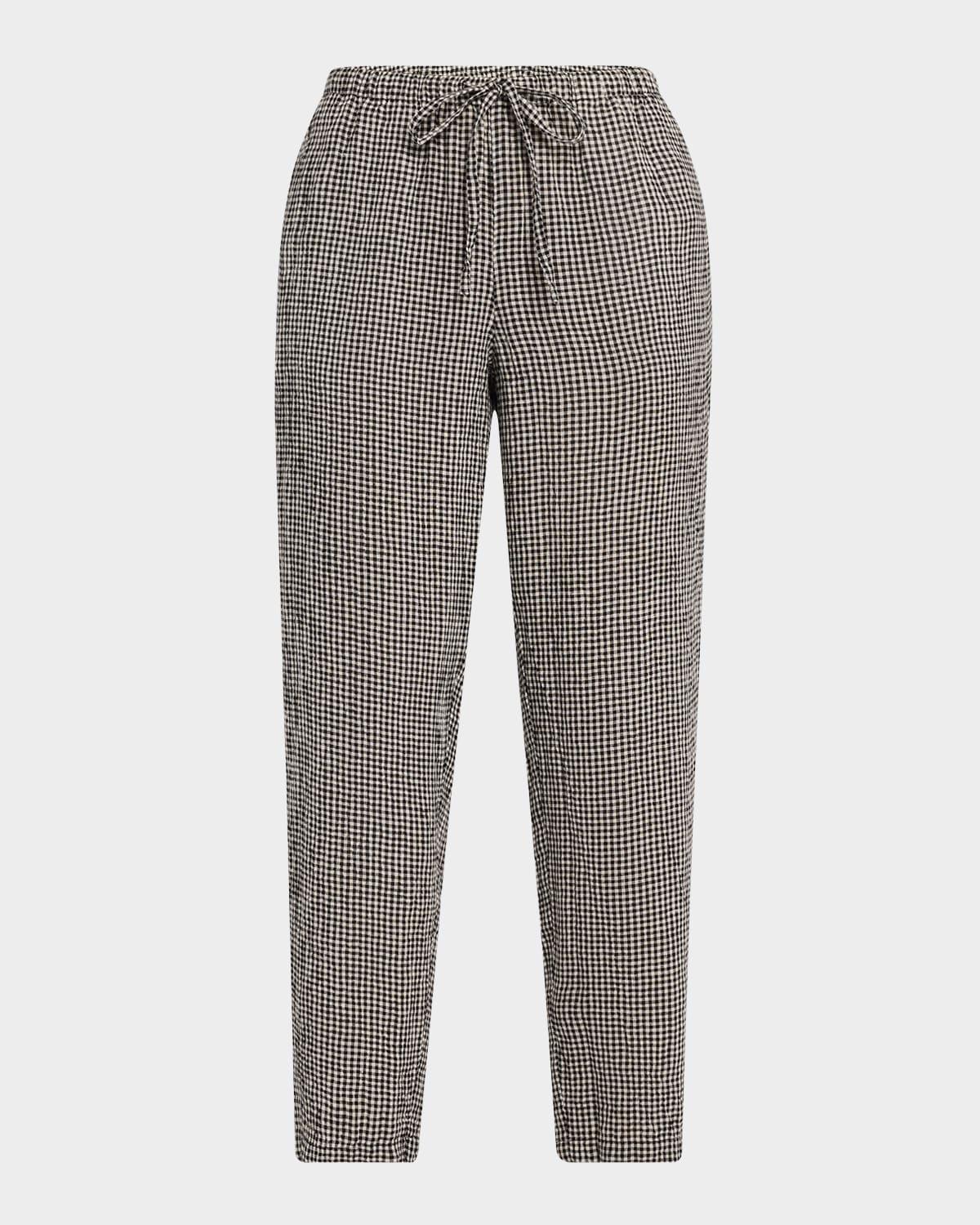 tapered check organic linen ankle pants